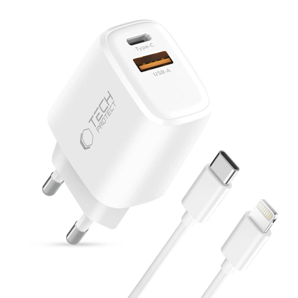 Tech-Protect NCA20 PD 20W QC3.0 USB-A / USB-C Wall Charger + USB-C / Lightning Cable 100cm - Whiteeng