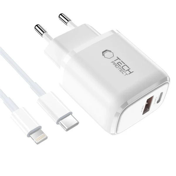 Tech-Protect NCA20 PD 20W QC3.0 USB-A / USB-C Wall Charger + USB-C / Lightning Cable 100cm - Whiteeng