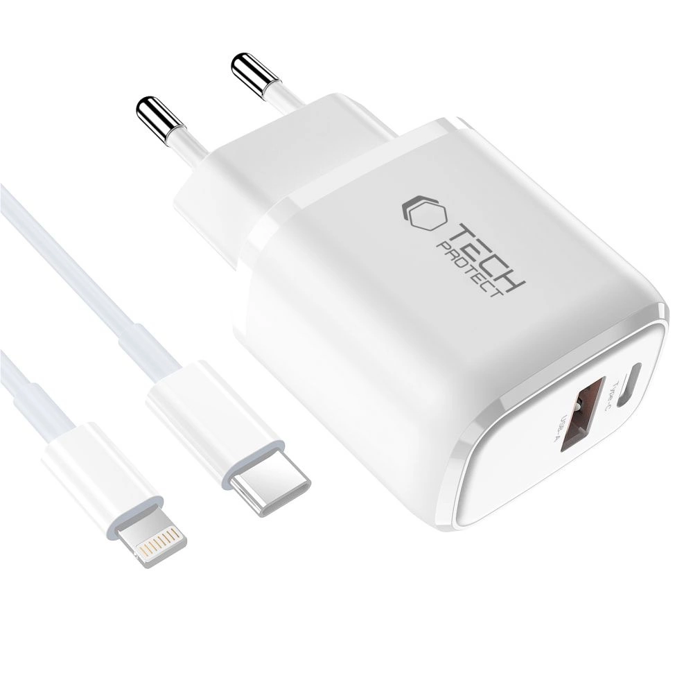 Tech-Protect NCA20 PD 20W QC3.0 USB-A / USB-C Wall Charger + USB-C / Lightning Cable 100cm - Whiteeng