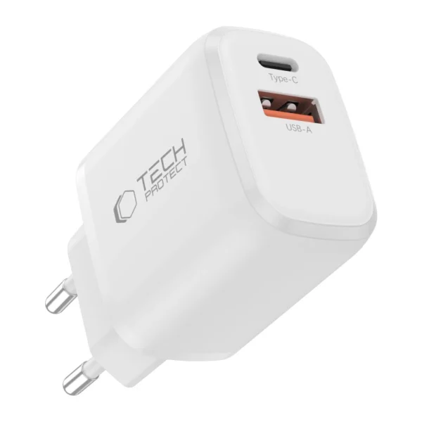 Tech-Protect NCA20 PD 20W QC3.0 USB-A / USB-C Wall Charger + USB-C / Lightning Cable 100cm - Whiteeng