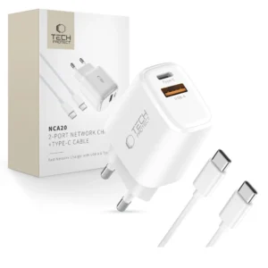 Tech-Protect NCA20 PD 20W QC3.0 USB-A / USB-C Wall Charger + USB-C / USB-C Cable 100cm - Whiteeng