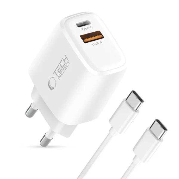 Tech-Protect NCA20 PD 20W QC3.0 USB-A / USB-C Wall Charger + USB-C / USB-C Cable 100cm - Whiteeng