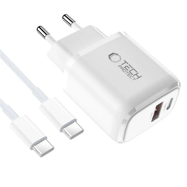 Tech-Protect NCA20 PD 20W QC3.0 USB-A / USB-C Wall Charger + USB-C / USB-C Cable 100cm - Whiteeng