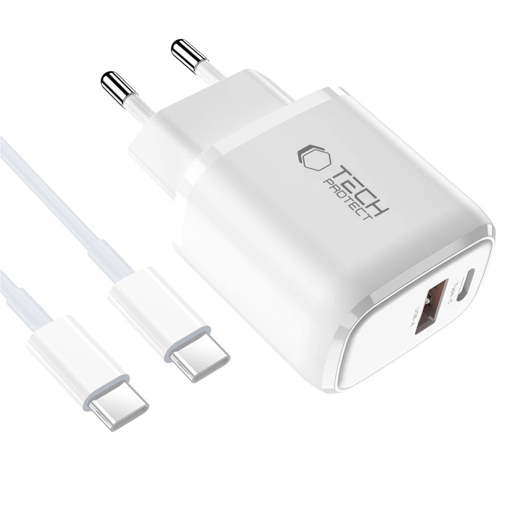 Tech-Protect NCA20 PD 20W QC3.0 USB-A / USB-C Wall Charger + USB-C / USB-C Cable 100cm - Whiteeng