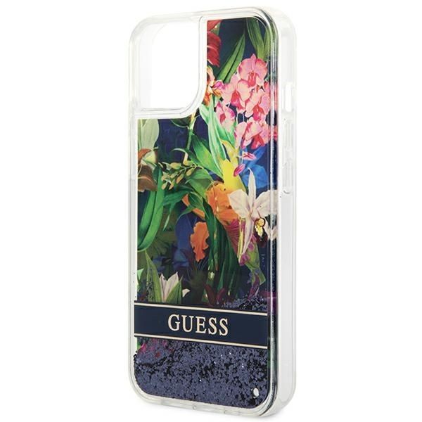 GUESS case for IPHONE 13 / 14 / 15 GUHCP14SLFLSB (Flower Liquid Glitter) blue