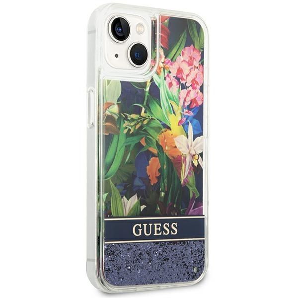 GUESS case for IPHONE 13 / 14 / 15 GUHCP14SLFLSB (Flower Liquid Glitter) blue