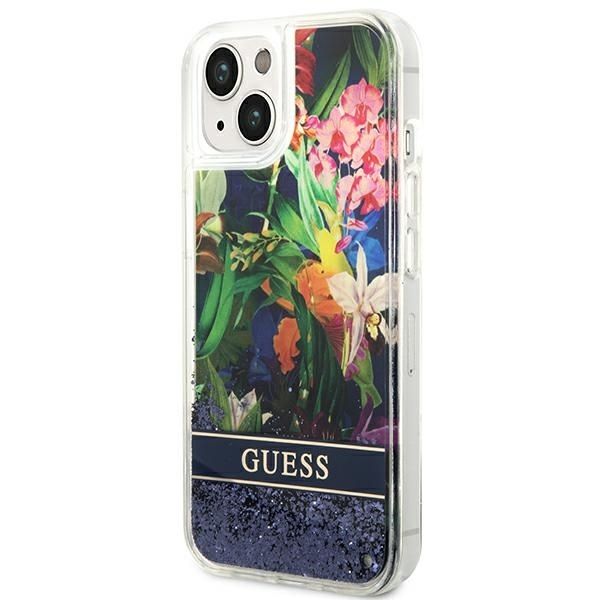 GUESS case for IPHONE 13 / 14 / 15 GUHCP14SLFLSB (Flower Liquid Glitter) blue
