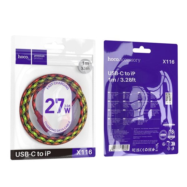 Cable USB C to Lightning Hoco PD 27W 1 m X116 gradient purple