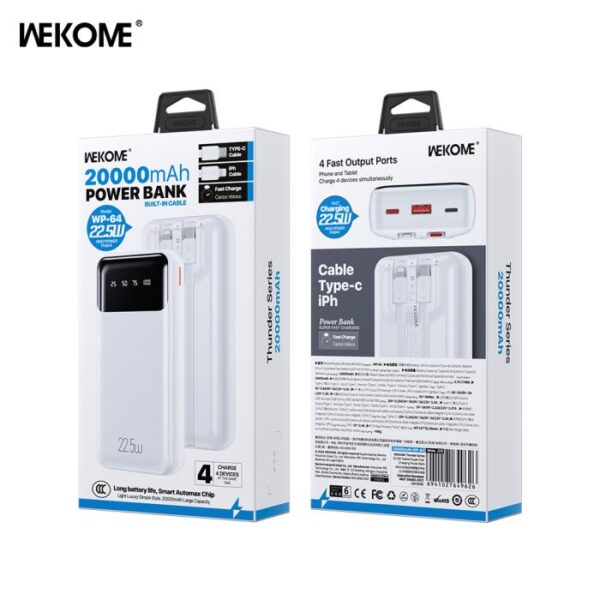 Power Bank 20000mAh PD 22,5W WK WP-64 2 Θέσεων , με καλώδιο Lightning/USB-C Λευκό