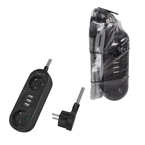 Πολύπριζο 2 Θέσεων LogiLink LPS262U, με 3 Θύρες USB 1.5m Μαύρο