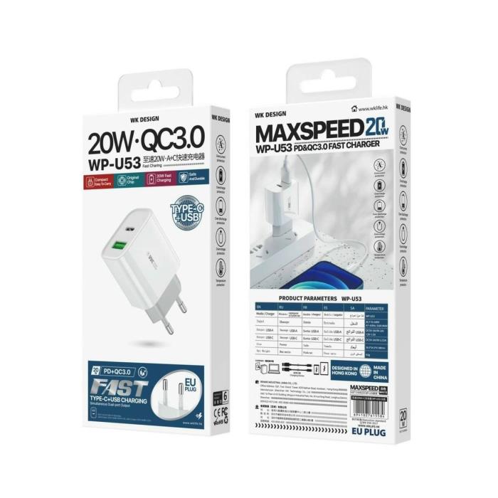 Φορτιστής Σπιτιού PD 20W WK WP-U53 2 Θέσεων Λευκό