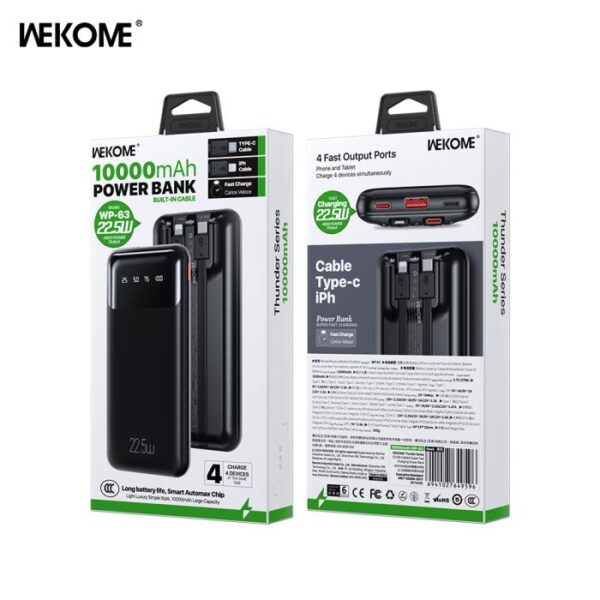 Power Bank 10000mAh PD 22,5W WK WP-63 2 Θέσεων, με καλώδιο Lightning/USB-C Μάυρο