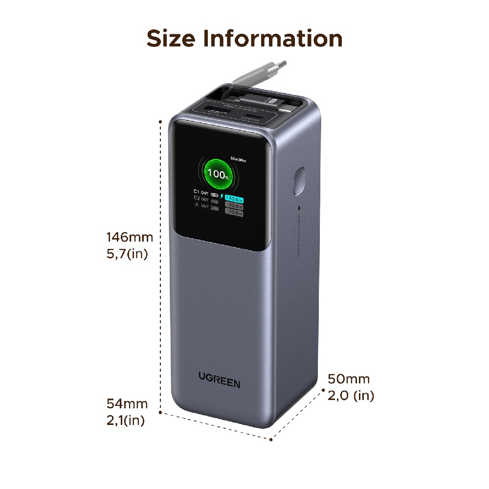 Power Bank 20000mAh PD 165W UGREEN PB726 55987B 2 Θέσεων, με καλώδιo USB-C 100W Γκρι