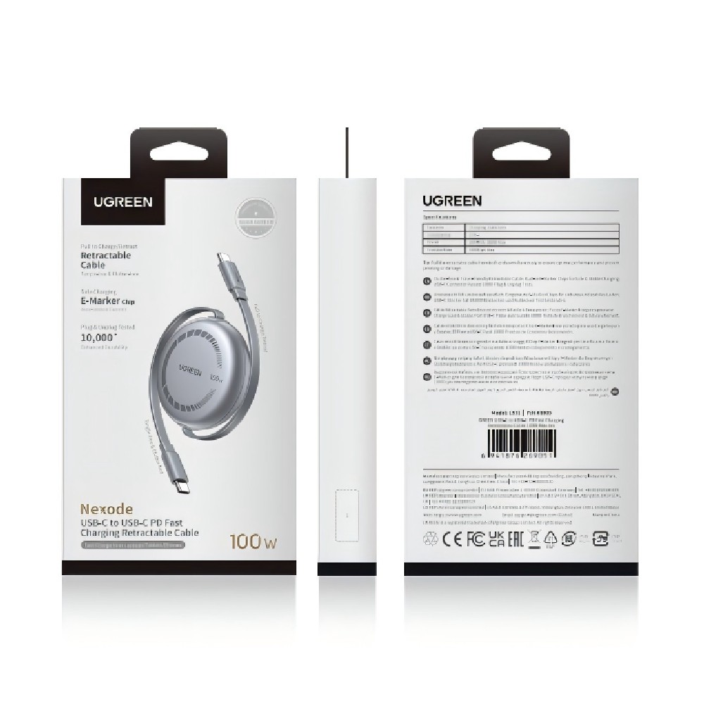Καλώδιο Φόρτισης UGREEN L531 65905 USB-C σε USB-C PD 100W, Επαναφερόμενο 1m