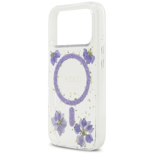GUESS case for IPHONE 17 Pro compatible with MagSafe GUHMP17LRBFGFGMU (Resin Flowers and Glitter) purple
