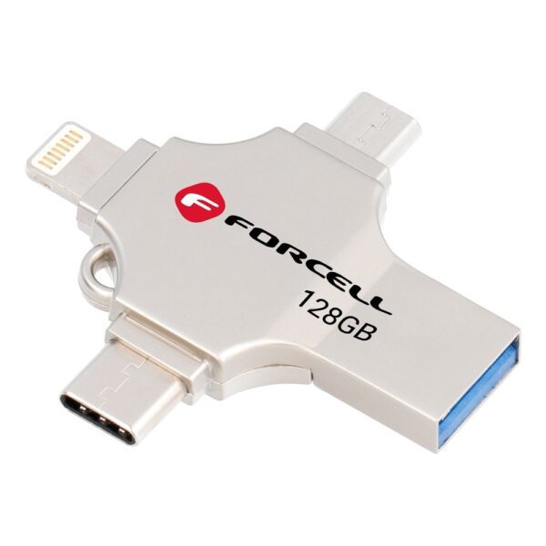 FORCELL F-DATA pendrive Metal Quad 128GB USB3.2 Gen 1 (USB A / Type C / Lightning / Micro USB) silver