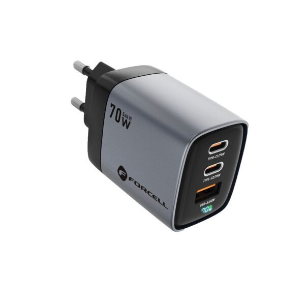 FORCELL F-ENERGY GaN III VT-37 travel charger with display LCD 2 x Type C + USB A PD QC4.0 SAM SFC2.0 3,45A 70W gray
