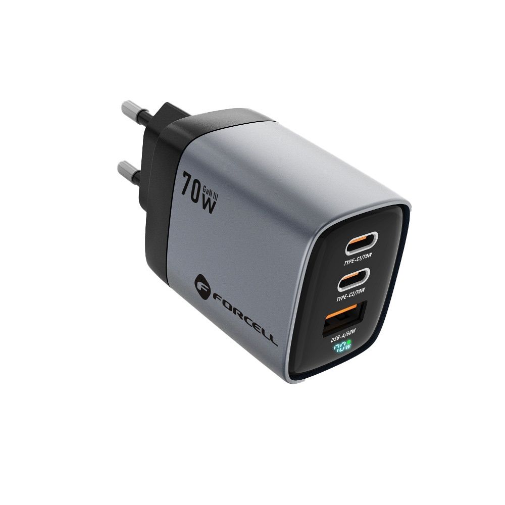 FORCELL F-ENERGY GaN III VT-37 travel charger with display LCD 2 x Type C + USB A PD QC4.0 SAM SFC2.0 3,45A 70W gray