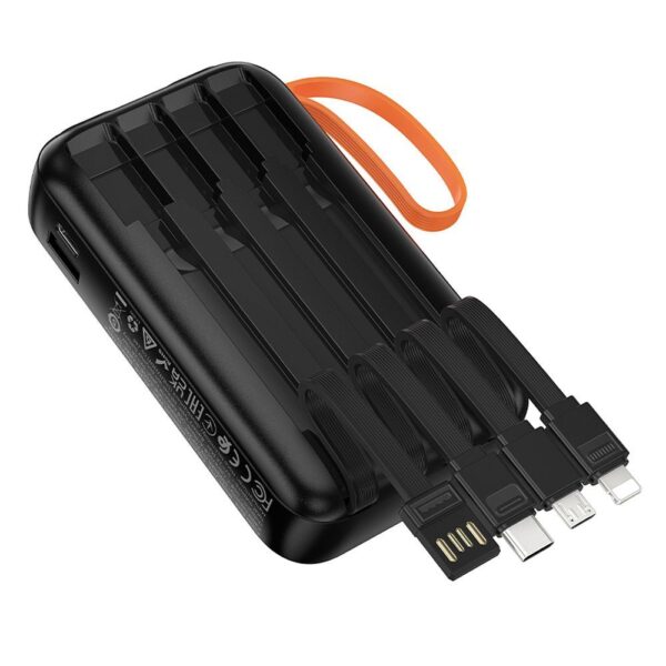 0a13d8c26ce6faa647780ee248e5275e Powerbank Hoco 10000 mAh with built-in cables USB A + USB C+ Lightning + Micro USB and double light J151 black