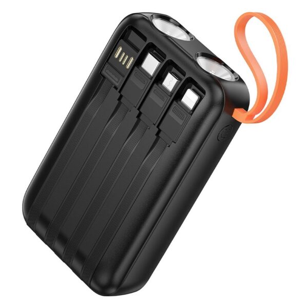 0d06840e057a7eb50f96b9d35b091d22 Powerbank Hoco 10000 mAh with built-in cables USB A + USB C+ Lightning + Micro USB and double light J151 black