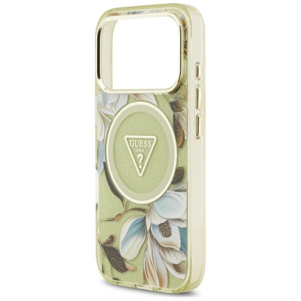 12c6cb71e8242cdb9507af4a8767733a GUESS case for IPHONE 17 Pro compatible with MagSafe GUHMP17LHFLPEDN (IML Metal Glitter Flowers Triangle) green