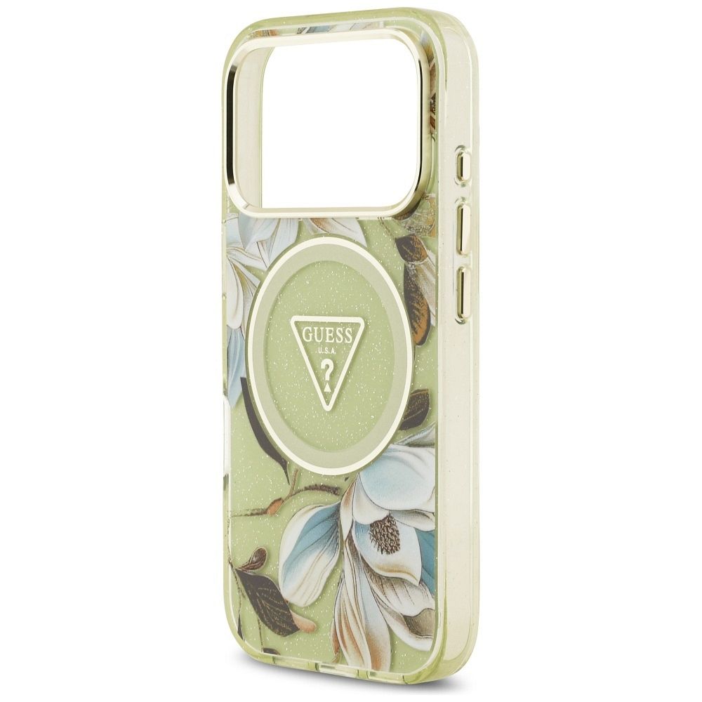 12c6cb71e8242cdb9507af4a8767733a GUESS case for IPHONE 17 Pro compatible with MagSafe GUHMP17LHFLPEDN (IML Metal Glitter Flowers Triangle) green