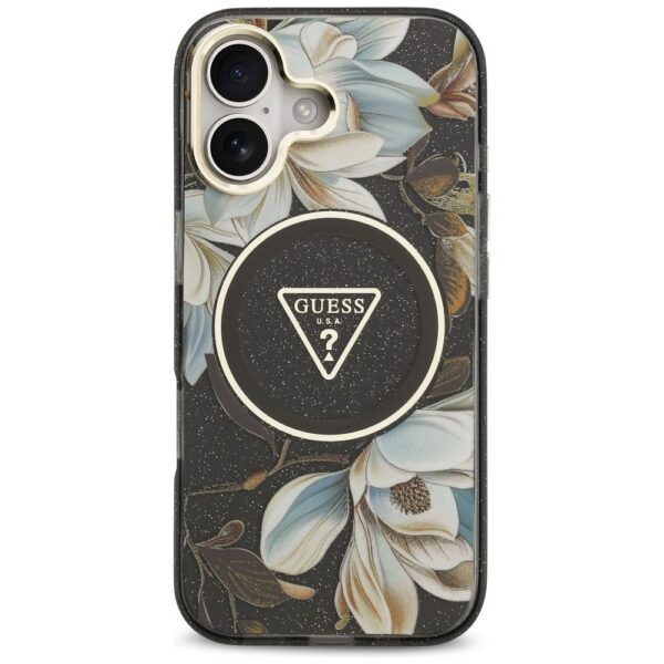 GUESS case for IPHONE 17 compatible with MagSafe GUHMP17SHFLPEDK (IML Metal Glitter Flowers Triangle) black
