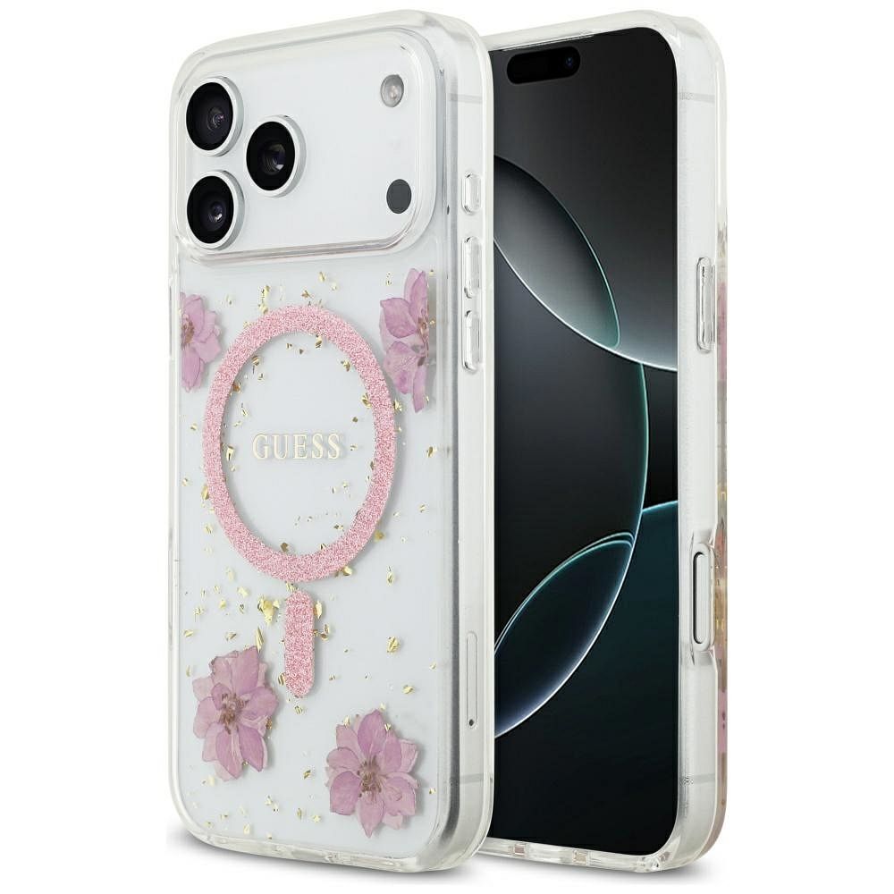 150cf78647a2730875aff0ca595cd6e7 GUESS case for IPHONE 17 Pro Max compatible with MagSafe GUHMP17XRBFGFGMP (Resin Flowers and Glitter) pink