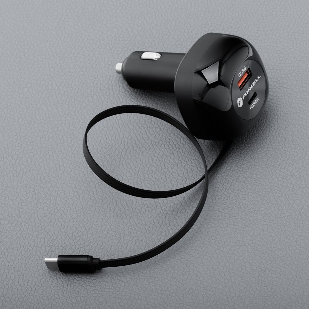 FORCELL F-ENERGY Alu car charger with retractable cable Type C and Type C + USB A sockets PD QC4.0 SFC2.0 3A 75W black