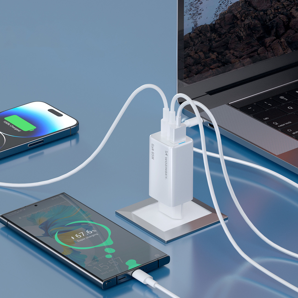 Wozinsky GaN 65W Charger with 2xUSB-C USB Ports with 65W CC Cable - Whiteeng