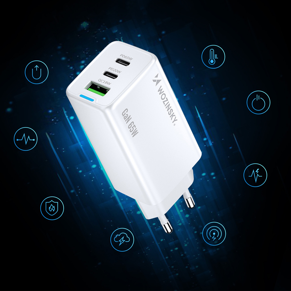 Wozinsky GaN 65W Charger with 2xUSB-C USB Ports with 65W CC Cable - Whiteeng