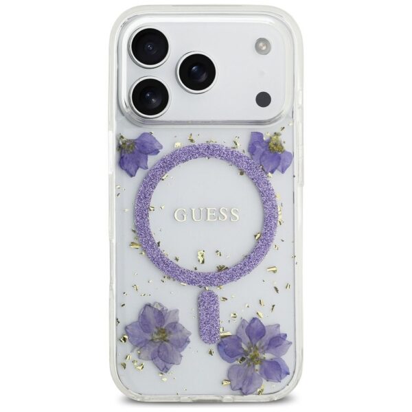 GUESS case for IPHONE 17 Pro compatible with MagSafe GUHMP17LRBFGFGMU (Resin Flowers and Glitter) purple