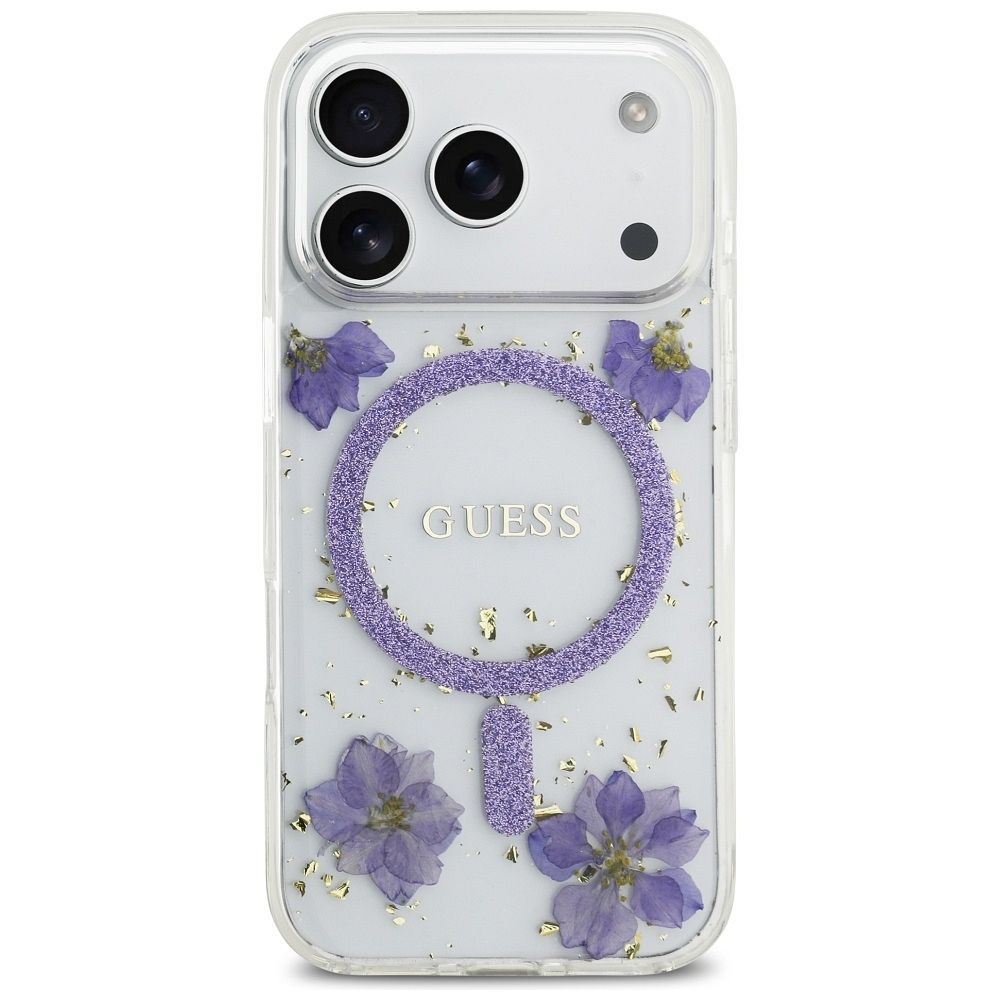 194c3af305c63f3ba4a36cb8ec6f57a7 GUESS case for IPHONE 17 Pro compatible with MagSafe GUHMP17LRBFGFGMU (Resin Flowers and Glitter) purple