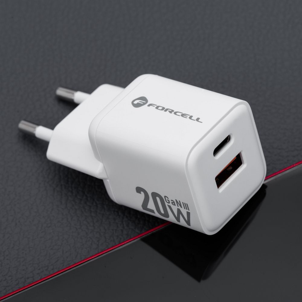 FORCELL F-ENERGY Mini GaN III VT-35A travel charger with 1 x Type C + 1x USB A sockets, PD QC4.0 20W white