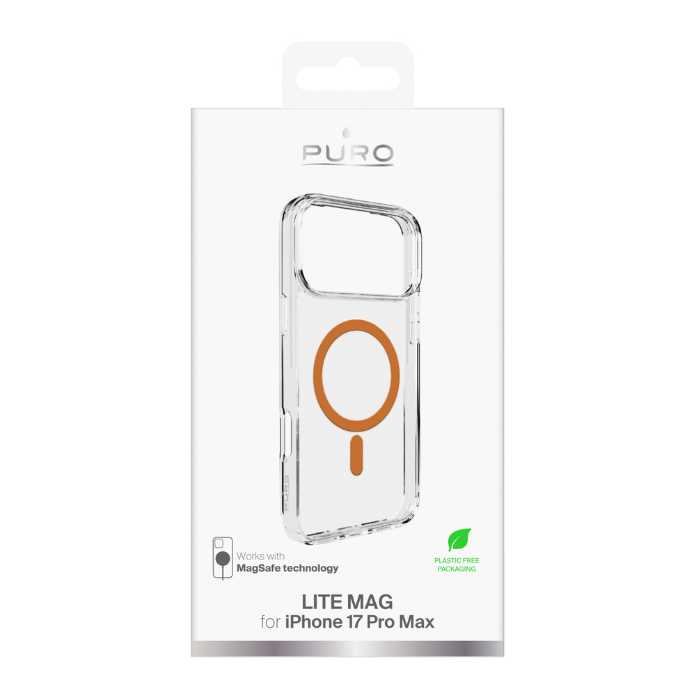 Puro Lite Mag TPU+PC Case Compatible with MagSafe for iPhone 17 Pro Max - Transparent with Orange Ringeng