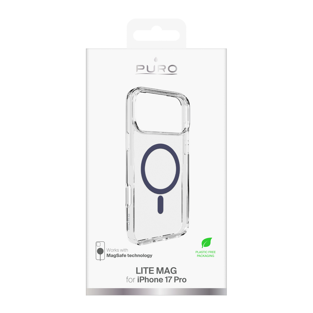 Puro Lite Mag TPU+PC Case Compatible with MagSafe for iPhone 17 Pro - Transparent with Blue Ringeng