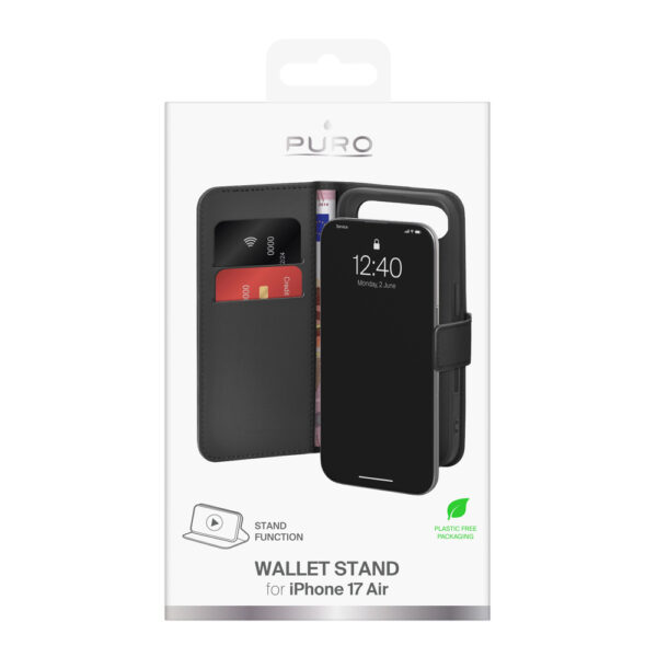 Puro Wallet Stand Case for iPhone 17 Air made of eco-leather, with a flap, wallet and stand function - blackeng