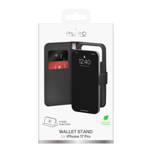 Puro Wallet Stand Case for iPhone 17 Pro Made of Eco-Leather, with a Flap, Wallet, and Stand Function - Blackeng