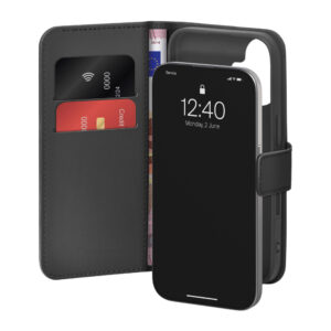 Puro Wallet Stand case for iPhone 17 made of eco-leather, with a flap, wallet and stand function - blackeng