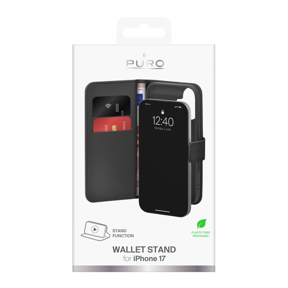 Puro Wallet Stand case for iPhone 17 made of eco-leather, with a flap, wallet and stand function - blackeng