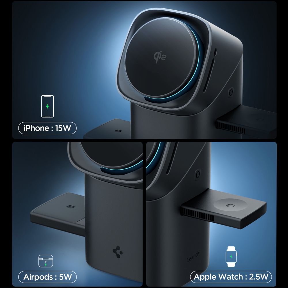 Spigen Essential EF223MS 3-in-1 QI2 Wireless Charger - Blackeng