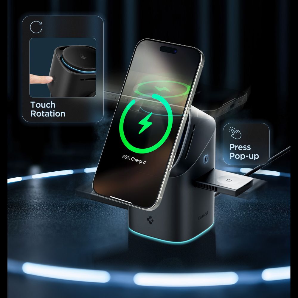 Spigen Essential EF223MS 3-in-1 QI2 Wireless Charger - Blackeng