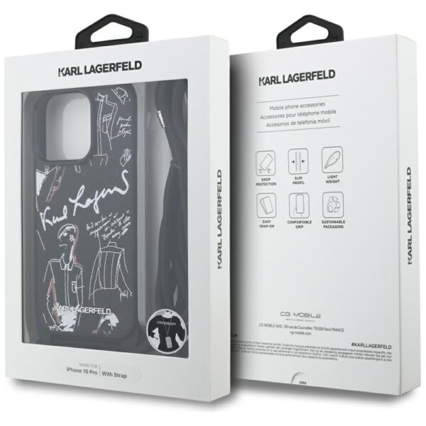 Karl Lagerfeld Crossbody Grained Pattern & Logo Case for iPhone 16 Pro - Blackeng