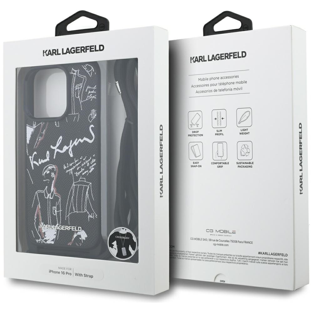Karl Lagerfeld Crossbody Grained Pattern & Logo Case for iPhone 16 Pro - Blackeng