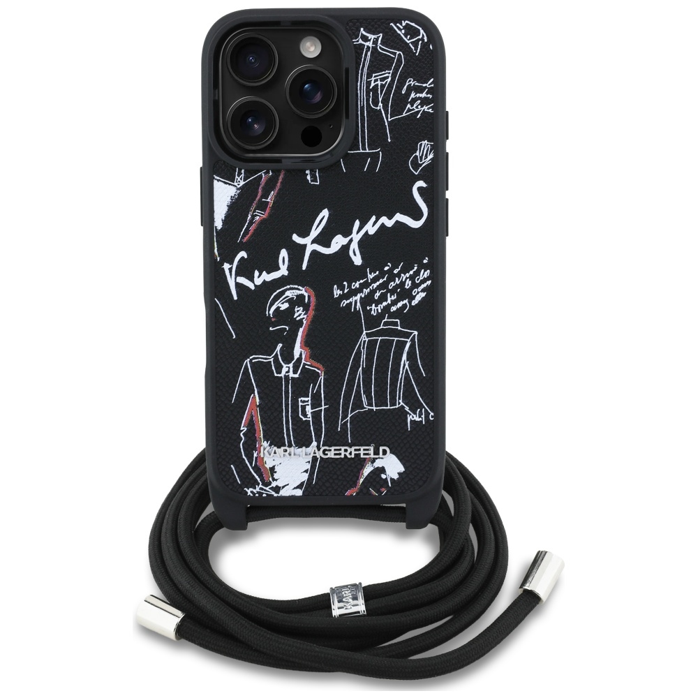 Karl Lagerfeld Crossbody Grained Pattern & Logo Case for iPhone 16 Pro Max - Blackeng