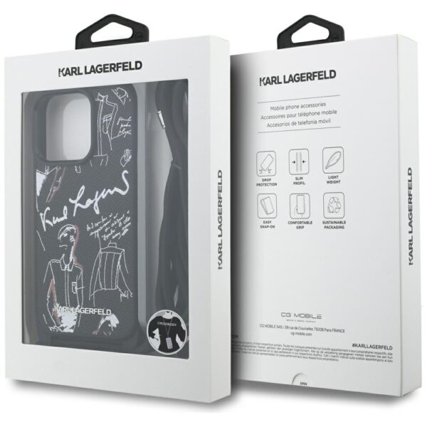 Karl Lagerfeld Crossbody Grained Pattern & Logo Case for iPhone 16 Pro Max - Blackeng