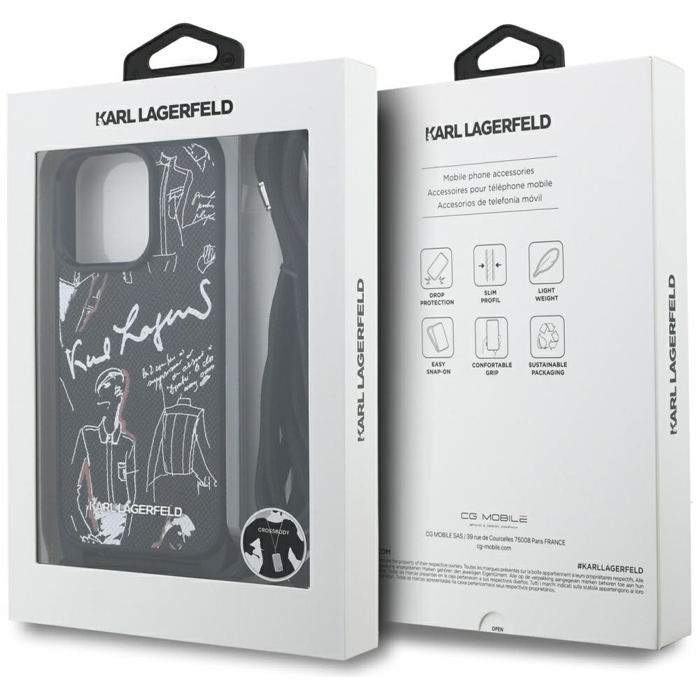 Karl Lagerfeld Crossbody Grained Pattern & Logo Case for iPhone 16 Pro Max - Blackeng