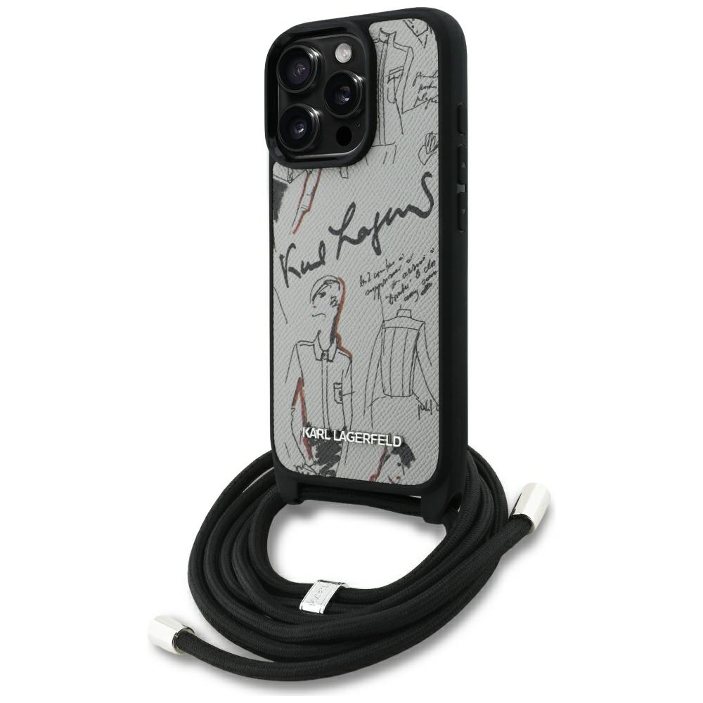 Karl Lagerfeld Crossbody Grained Pattern & Logo Case for iPhone 16 Pro Max - Grayeng