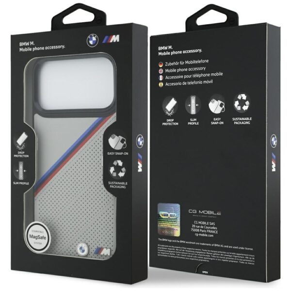 BMW M Tricolor Metal Logo MagSafe Case for iPhone 17 Pro Max - Grayeng