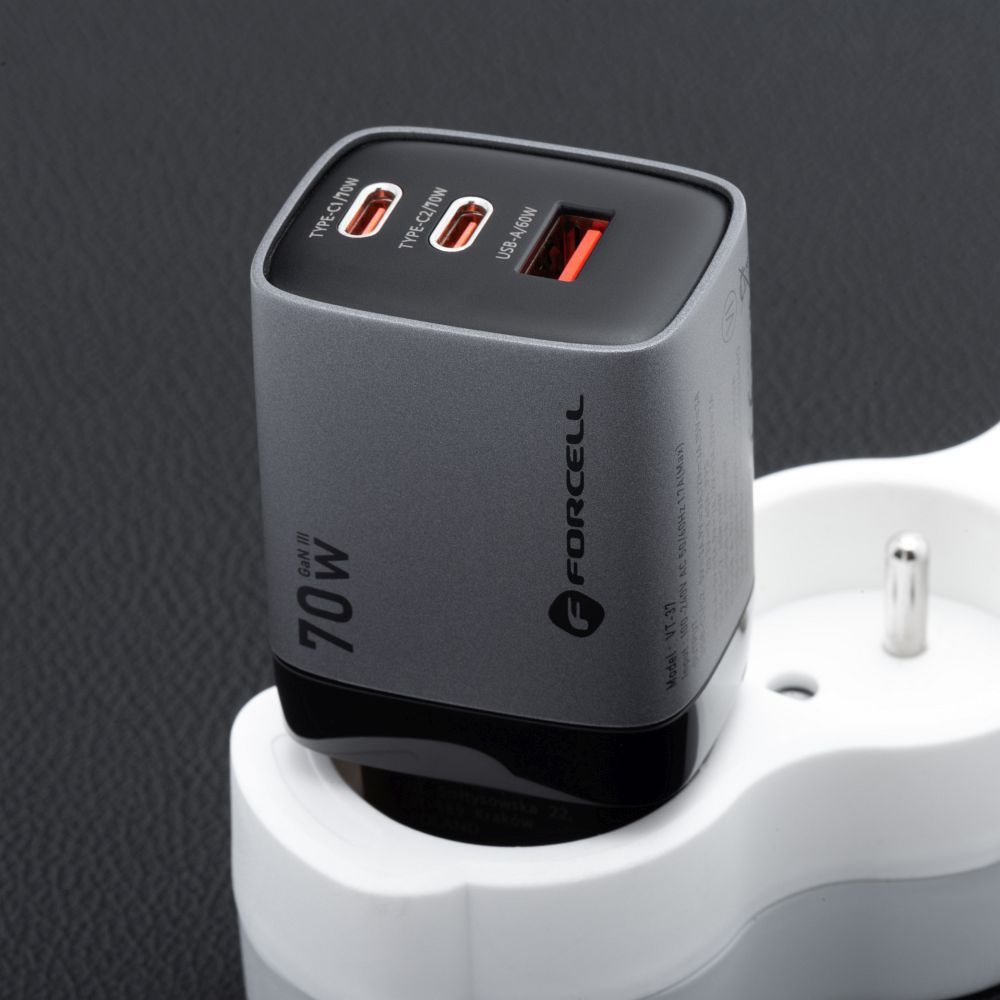 FORCELL F-ENERGY GaN III VT-37 travel charger with display LCD 2 x Type C + USB A PD QC4.0 SAM SFC2.0 3,45A 70W gray